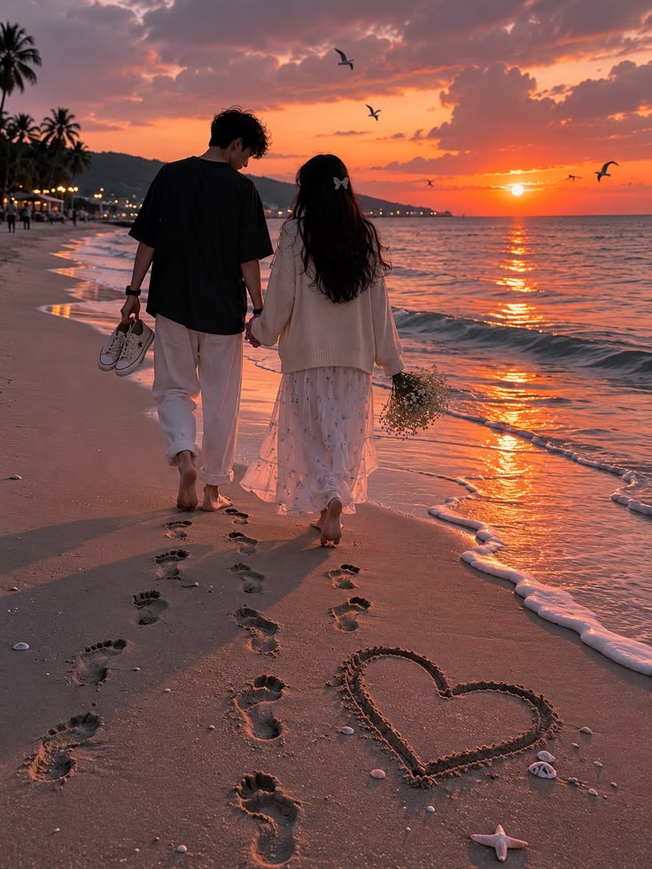 Couple walking on a beach at sunset
