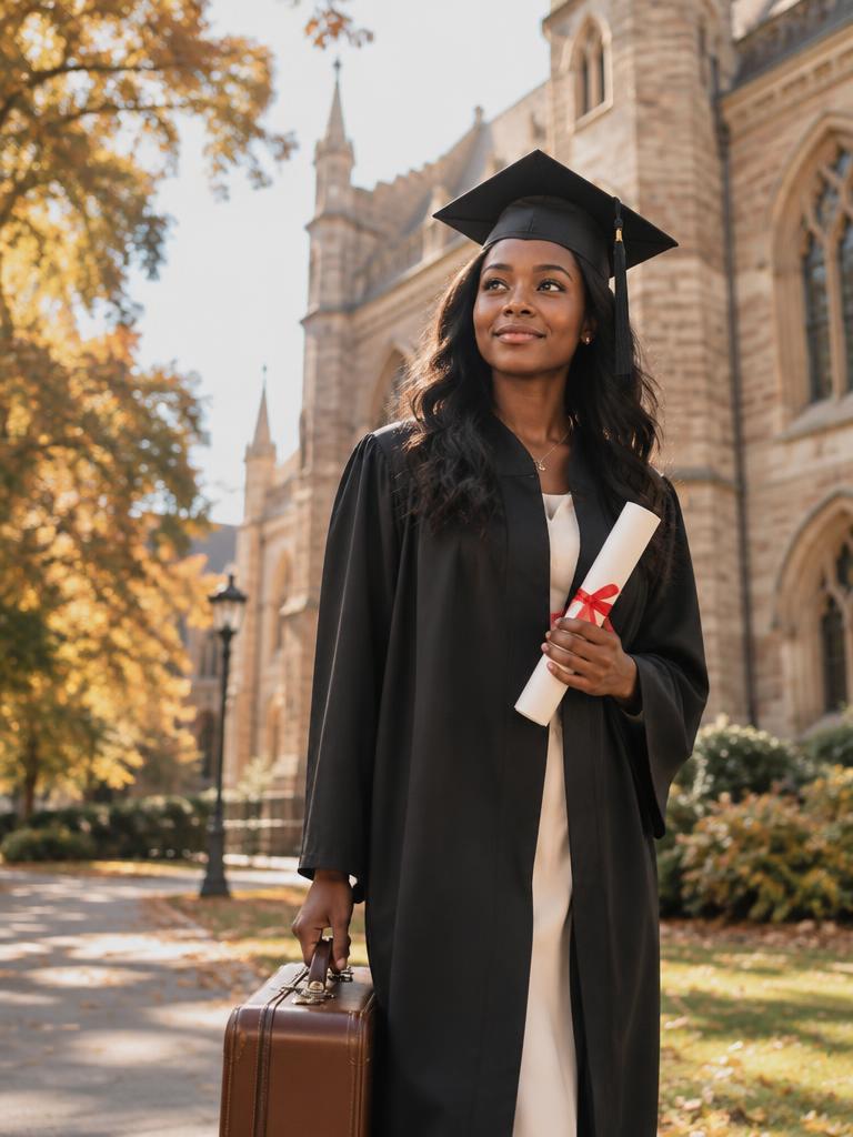 Graduate with diploma and suitcase outside a university